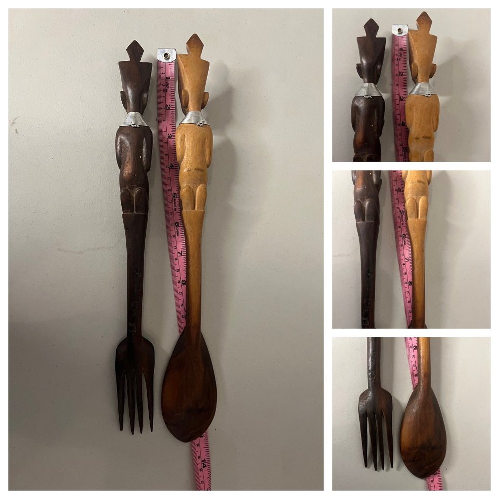 VINTAGE African Folk Art Fork and Spoon Hand Carved Wood Salad Set - Picture 5 of 10